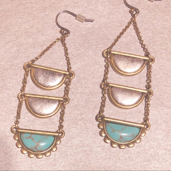 NWOT Lucky Brand Gold Silver Turquoise Earrings - Picture 2 of 2